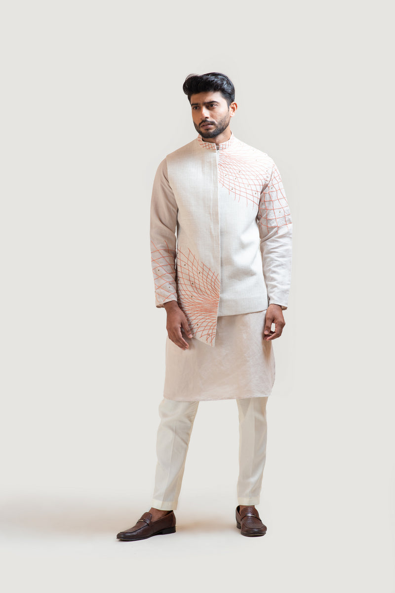 GREY A-SYMMETRIC EMBROIDERED NEHRU