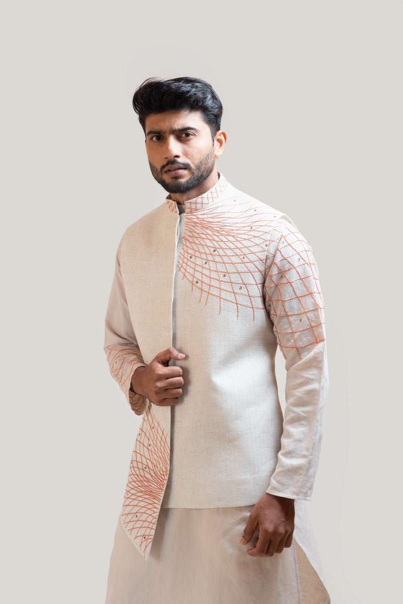 GREY A-SYMMETRIC EMBROIDERED NEHRU