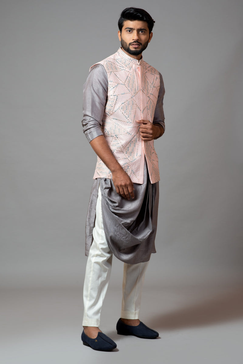 POWDER PINK NEHRU JACKET WITH GEOMETRIC MIRRORWORK EMBROIDERY PAIRED WITH A SLATE GREY DRAPE KURTA AND PANT