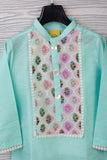 SEA BLUE KURTA WITH PINK PRINTED YOKE WITH MOP BUTTONS