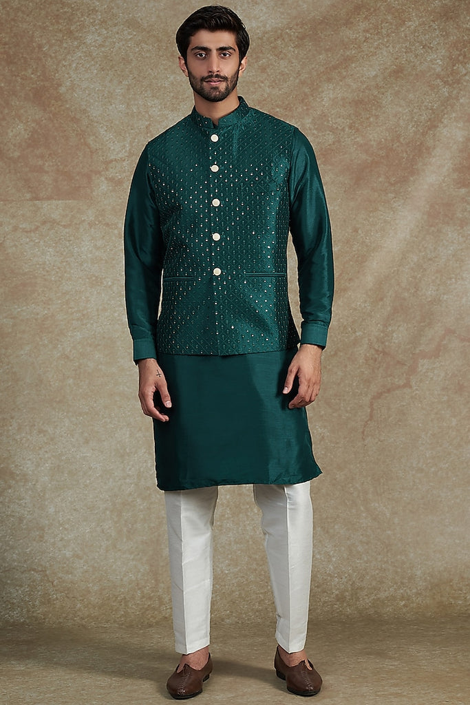 TEAL BLUE EMB. KURTA JACKET SET