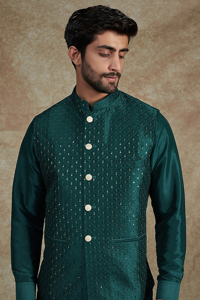 TEAL BLUE EMB. KURTA JACKET SET
