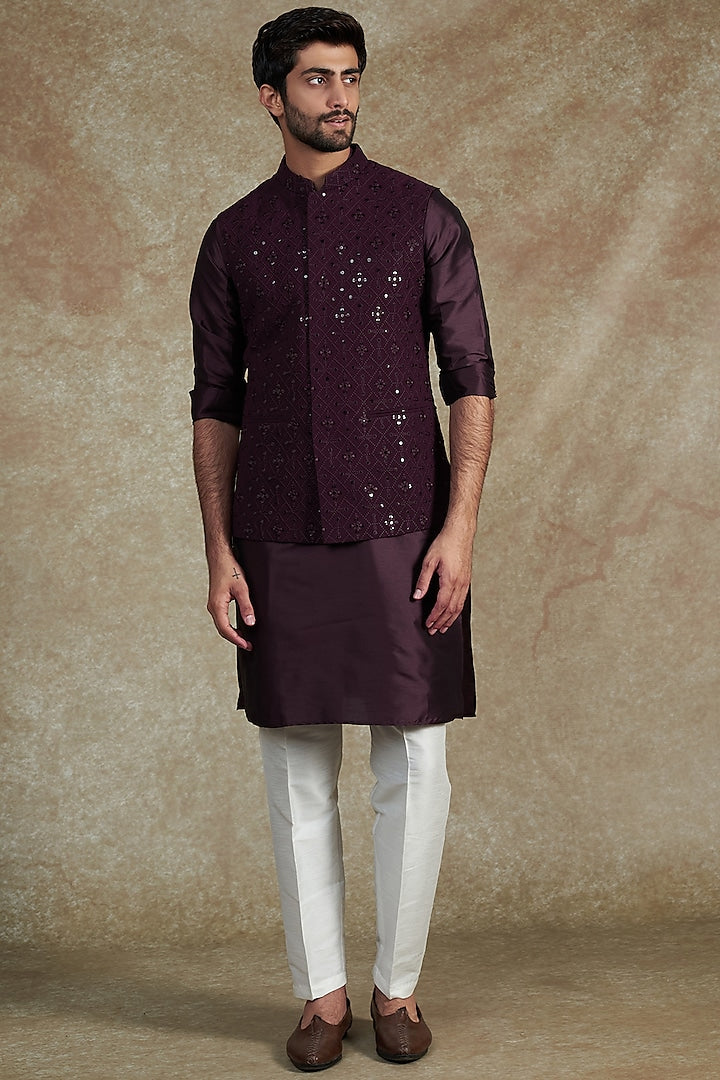 WINE EMB. KURTA JACKET SET