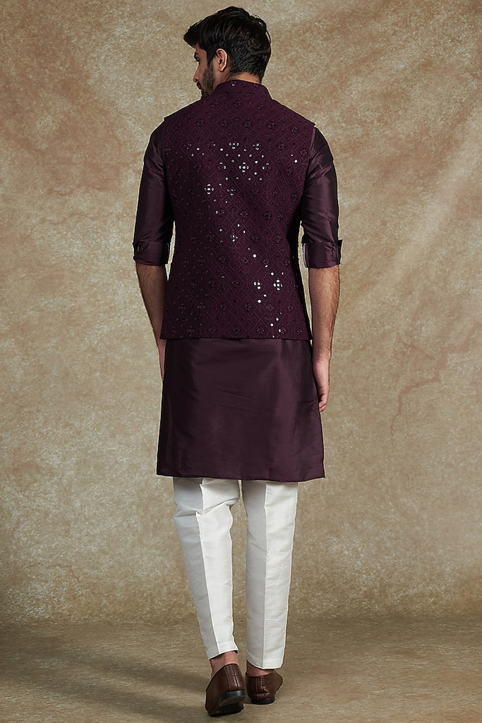 WINE EMB. KURTA JACKET SET