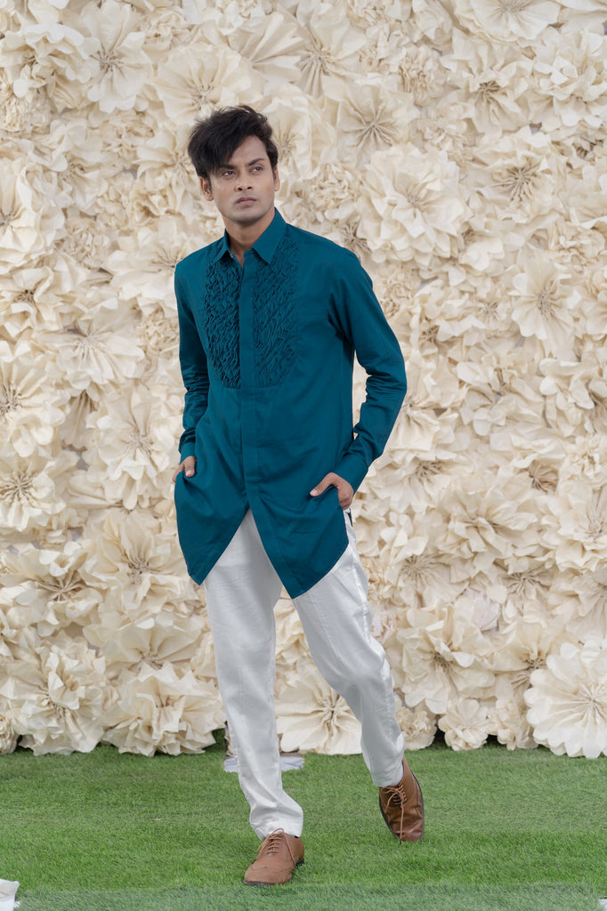 BLUE SMOCKING SHORT KURTA/TUXEDO SHIRT
