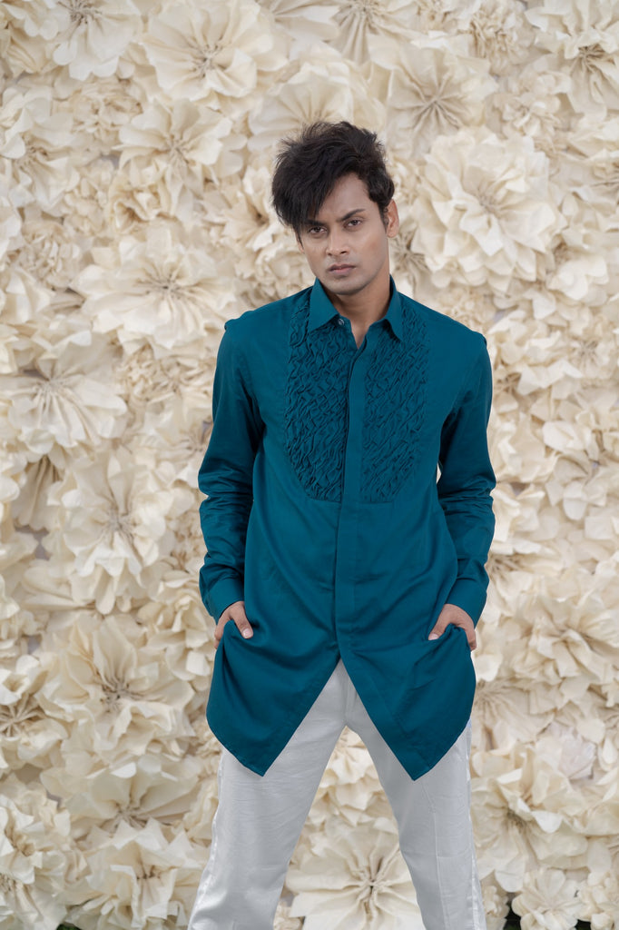 BLUE SMOCKING SHORT KURTA/TUXEDO SHIRT