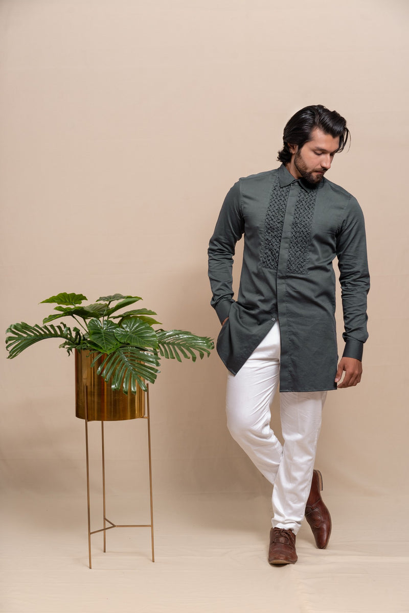 SMOKE GREY SMOCKING SHORT KURTA/TUXEDO SHIRT