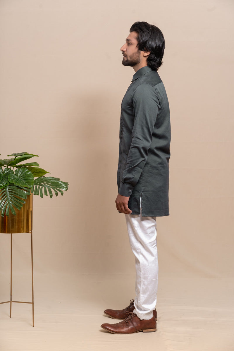 SMOKE GREY SMOCKING SHORT KURTA/TUXEDO SHIRT