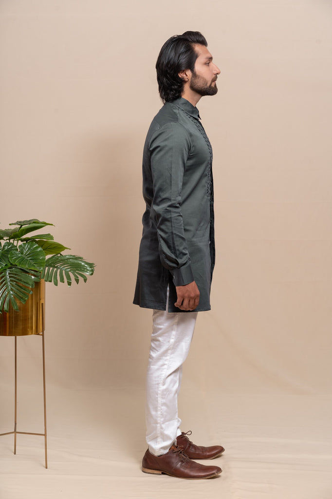 SMOKE GREY SMOCKING SHORT KURTA/TUXEDO SHIRT