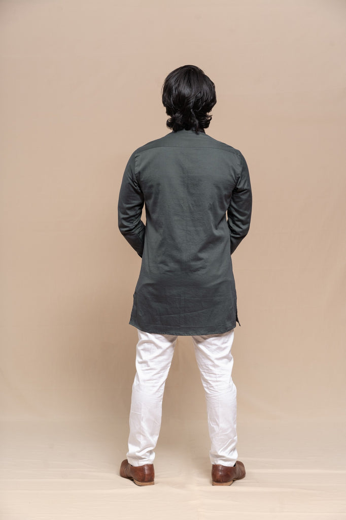 SMOKE GREY SMOCKING SHORT KURTA/TUXEDO SHIRT