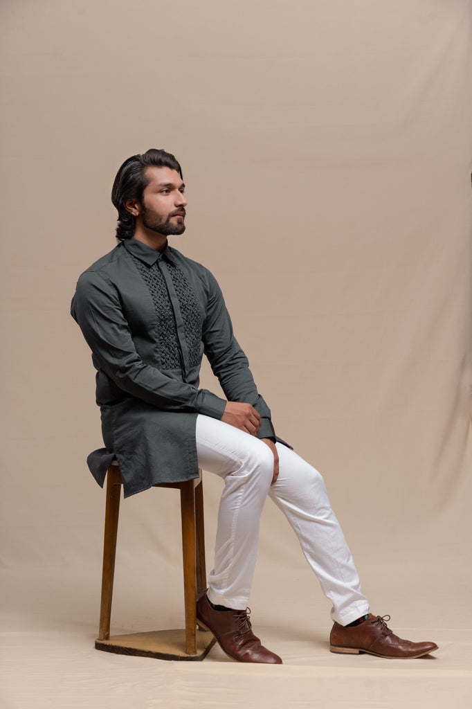 SMOKE GREY SMOCKING SHORT KURTA/TUXEDO SHIRT
