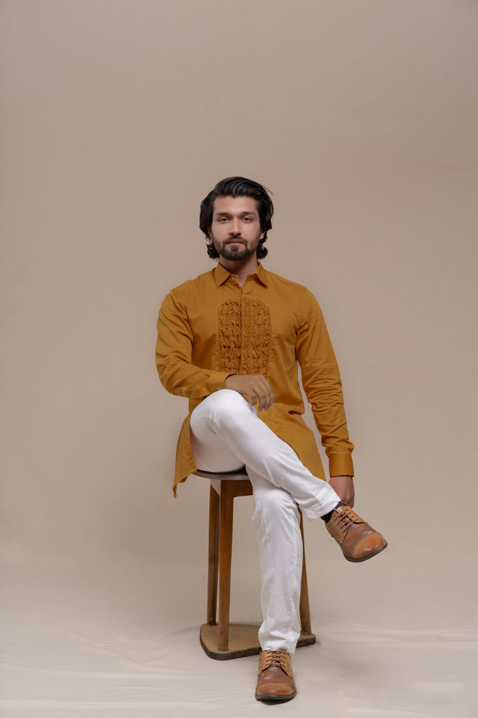 OCHRE SMOCKING SHORT KURTA/TUXEDO SHIRT