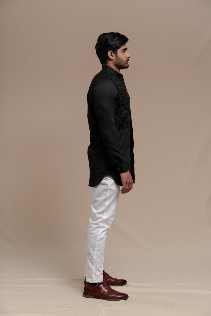BLACK SMOCKING SHORT KURTA/TUXEDO SHIRT