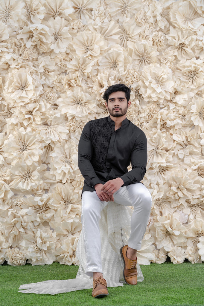 BLACK SMOCKING SHORT KURTA/TUXEDO SHIRT