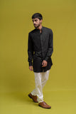 BLACK SMOCKING SHORT KURTA/TUXEDO SHIRT