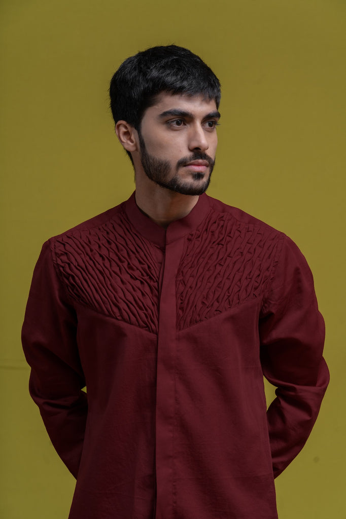 MAROON SMOCKING SHORT KURTA/TUXEDO SHIRT