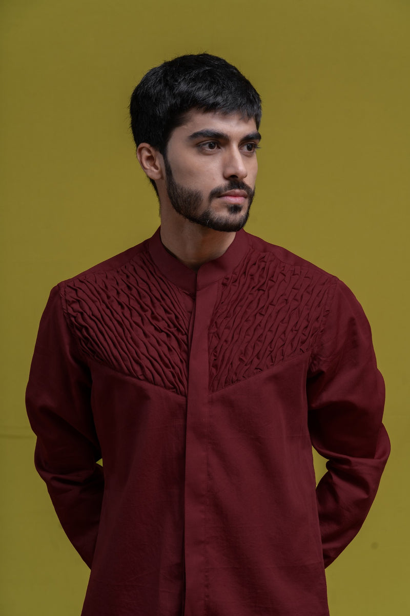 MAROON SMOCKING SHORT KURTA/TUXEDO SHIRT