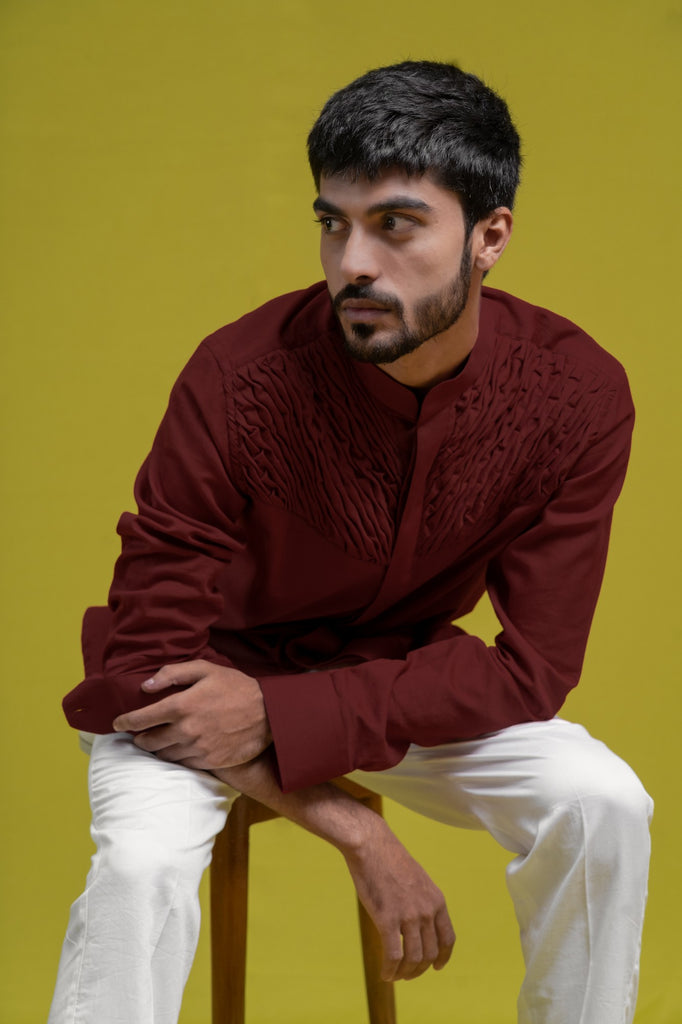 MAROON SMOCKING SHORT KURTA/TUXEDO SHIRT