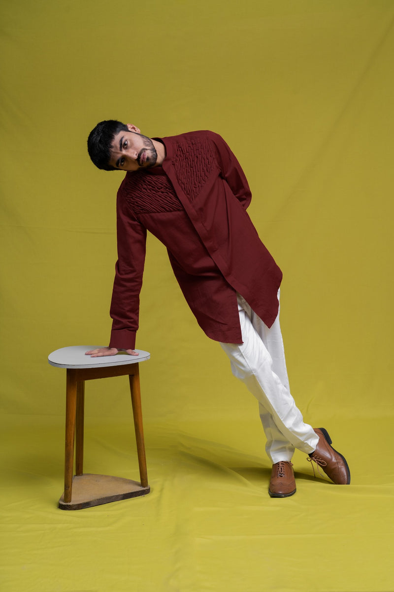 MAROON SMOCKING SHORT KURTA/TUXEDO SHIRT