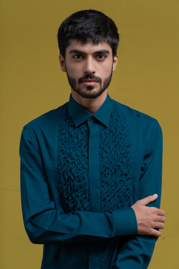 BLUE SMOCKING SHORT KURTA/TUXEDO SHIRT
