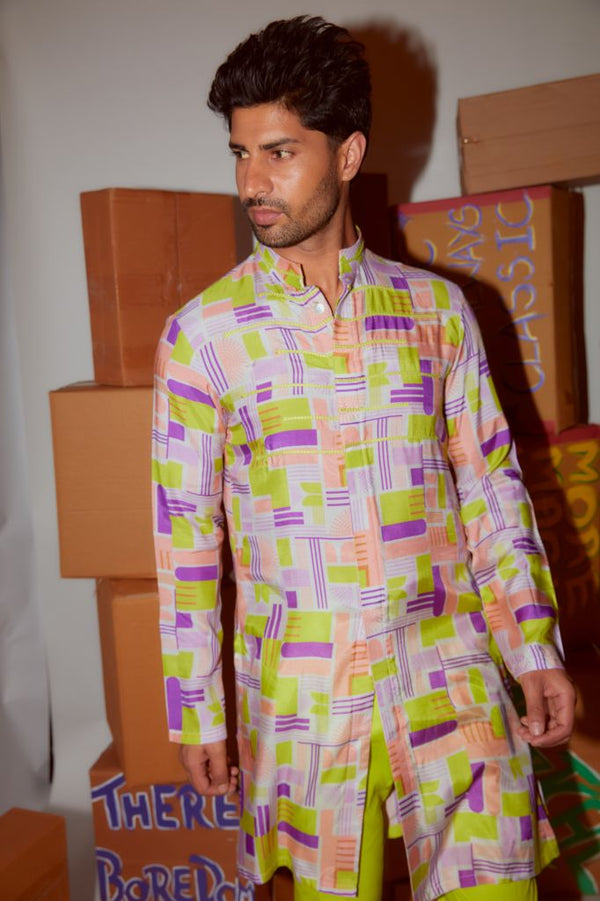 GEOMETRIC PRINTED KURTA WITH CORDING DETAILING AND STRAIGHT PANTS