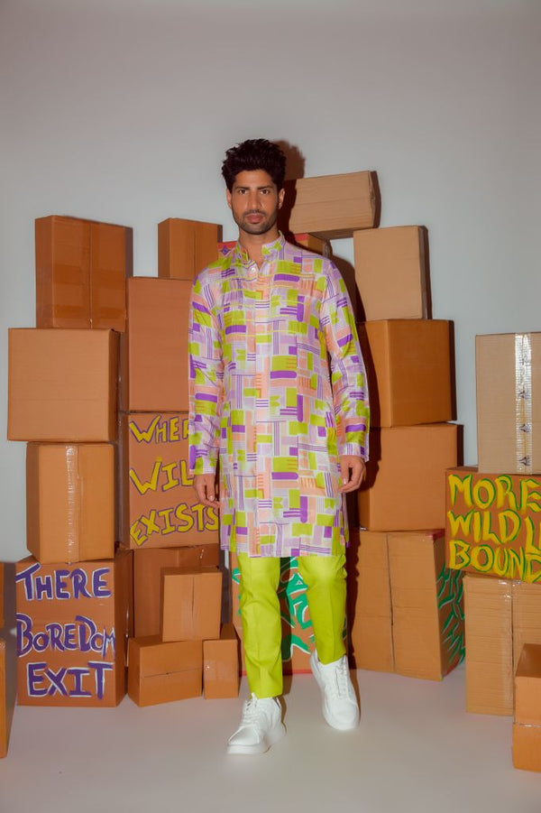 GEOMETRIC PRINTED KURTA WITH CORDING DETAILING AND STRAIGHT PANTS