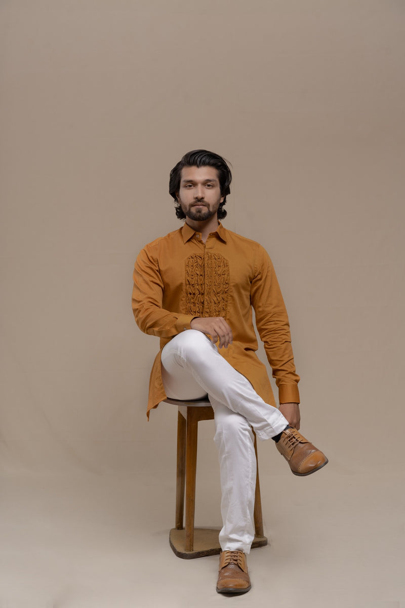 OCHRE SMOCKING SHORT KURTA/TUXEDO SHIRT