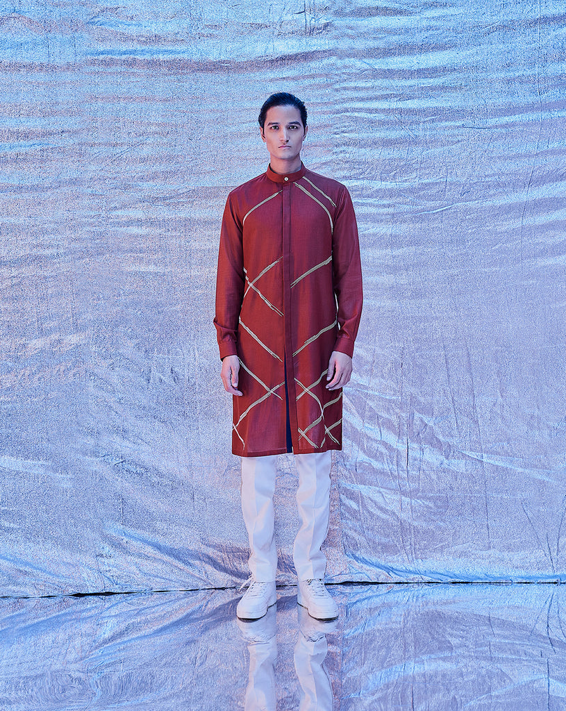 CROSS HATCH EMBROIDERED KURTA RUST