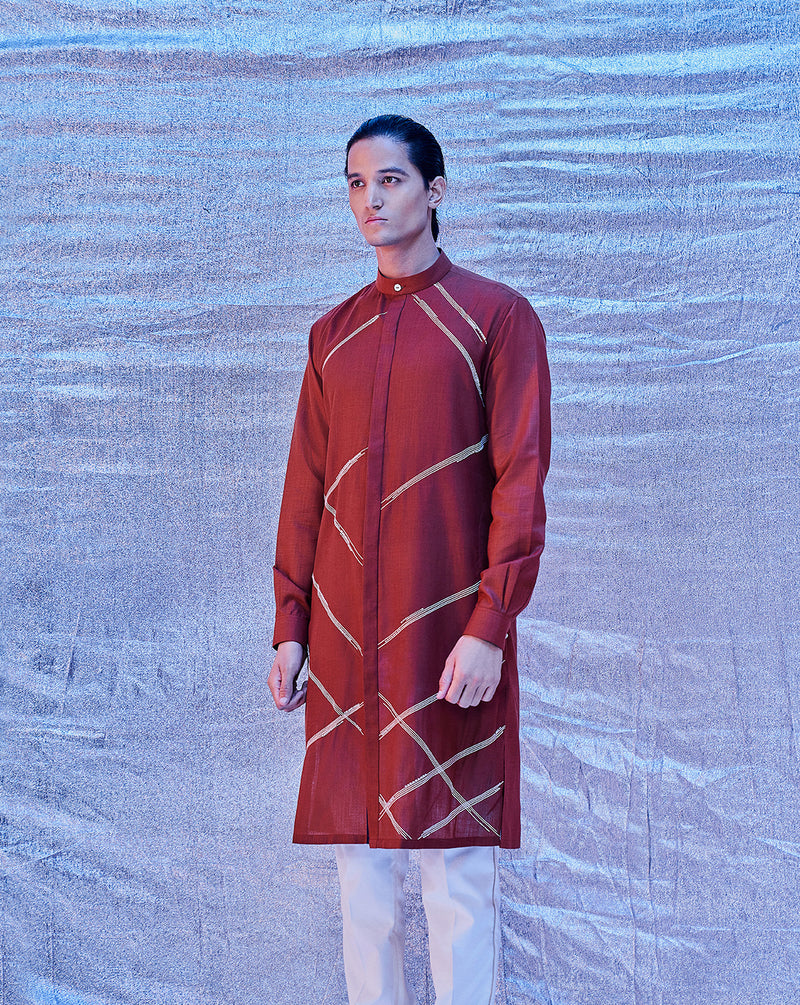 CROSS HATCH EMBROIDERED KURTA RUST