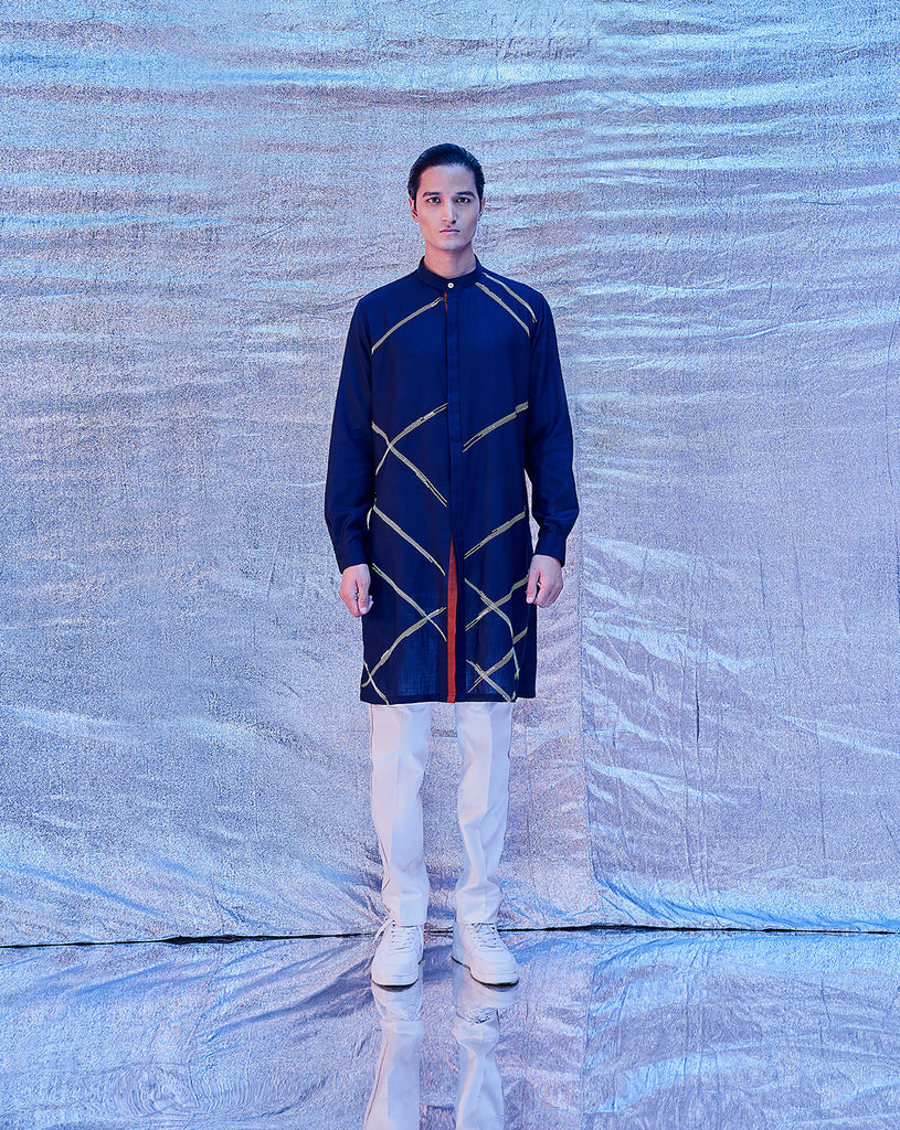 CROSS HATCH EMBROIDERED KURTA NAVY