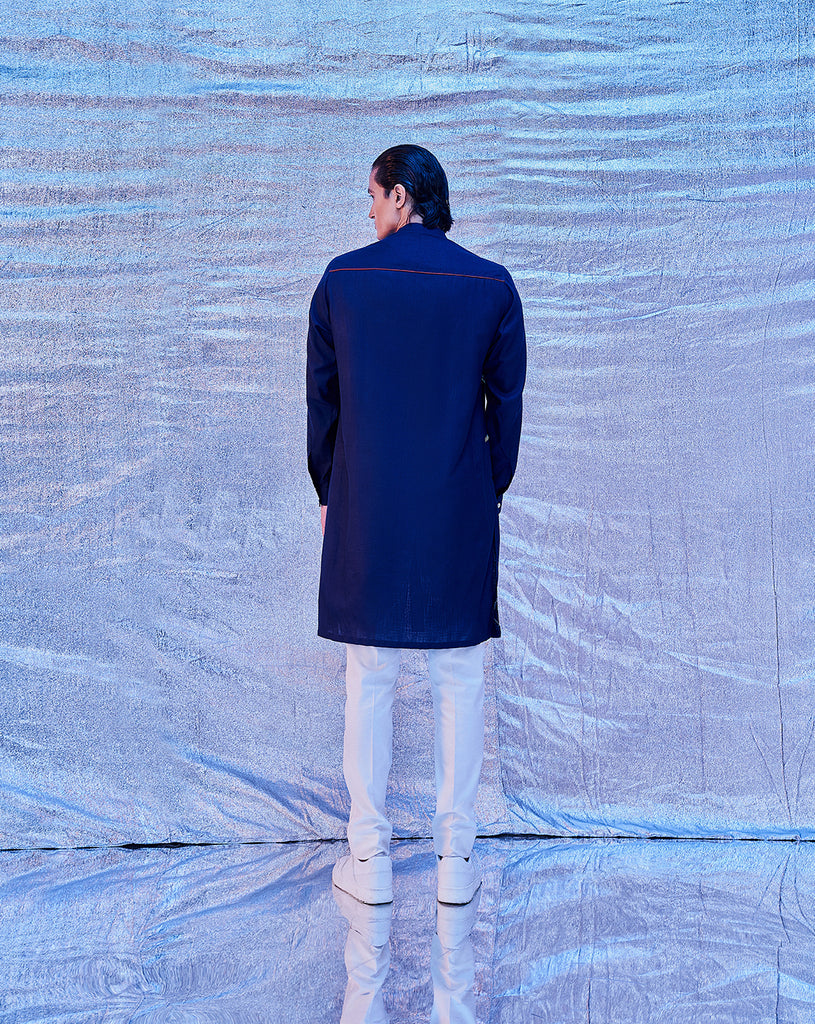 CROSS HATCH EMBROIDERED KURTA NAVY