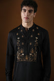 DEER IN THE WOODS  - HAND EMBROIDERED DESIGNER KURTA - BLACK