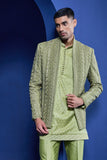 "Green open bandhgala   with thread , sequins & pearl  work "