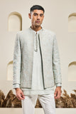 "Iceblue open bandhgala   with thread , sequins & pearl  work "