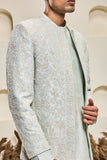"Iceblue open bandhgala   with thread , sequins & pearl  work "