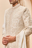 Ivory sherwani detailing with gold zari ,pearl,sequins and spring work