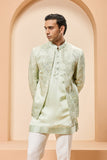 "Green open bandhgala   with thread , sequins & pearl  work"
