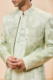 "Green open bandhgala   with thread , sequins & pearl  work"