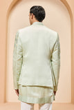 "Green open bandhgala   with thread , sequins & pearl  work"