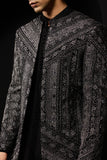 "Black open bandhgala   with silver zari , sequins & pearl  work "
