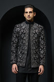 "Black open bandhgala   with silver zari , sequins & pearl  work "