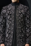 "Black open bandhgala   with silver zari , sequins & pearl  work "