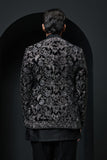 "Black open bandhgala   with silver zari , sequins & pearl  work "