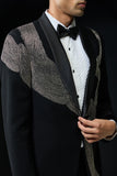 Black tuxedo highlighted with silver zari , cutdana and peals