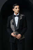Black tuxedo highlighted with silver zari , cutdana and peals