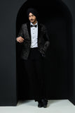 Black tuxedo highlighted with silver zari  and peals