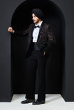 Black tuxedo highlighted with pearls, sequins and thread work