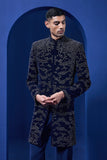 Navy blue Indo Western highlighted with silver zari, sequins,pearl and cutdana