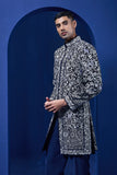 Navy blue Indo Western highlighted with sequins, pearls and thread work