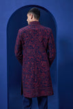Navy blue Indo Western highlighted with sequins, pearls and wine thread work